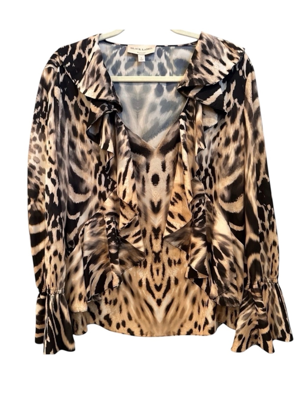Black Label by Chico’s Leopard Print V Neck Bell Sleeve Ruffle Blouse Sz L